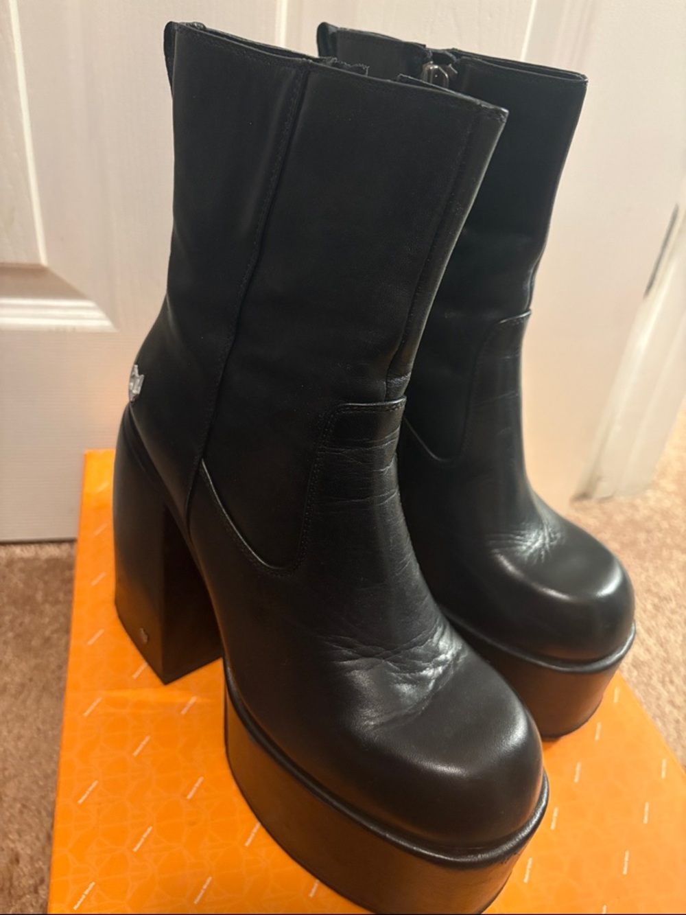 Naked Wolfe Black Leather Platform Block Heel Boots